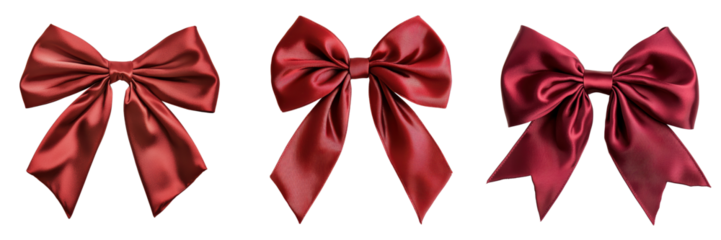 Elegant red satin bows with varying styles and shapes, perfect for gift wrapping or decorative purposes. These bows add touch of sophistication and charm to any occasion