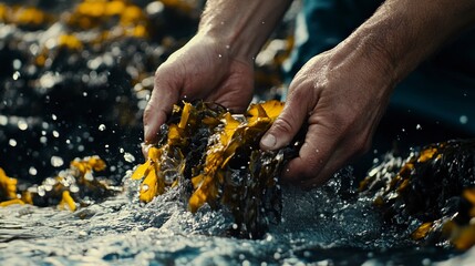 Hands sorting seaweed on the shore
