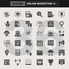 Fototapeta premium Online Marketing Icon Set with Line-Art Symbols for Cloud Sharing, Analytics, Security, Search, Customer Engagement, Advertising, and Digital Business Solutions