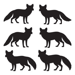 Black silhouette foxes in various poses, a sleek and modern design ideal for wildlife, nature, and animal-themed graphics.