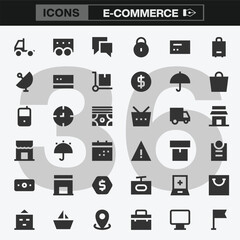 E Commerce Icon Set Featuring 36 Monochromatic Line Art Symbols Representing Shopping, Delivery, Payment, Security, and Online Retail Essentials for Digital and Print Design