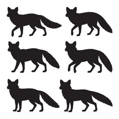 Black silhouette foxes in various poses, a sleek and modern design ideal for wildlife, nature, and animal-themed graphics.