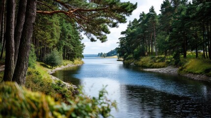 Fototapeta premium Scenic view of lake in pine forest around beautiful landscape concept. Serene river flowing through lush greenery and towering trees.