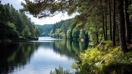 Scenic view of lake in pine forest around beautiful landscape concept. Serene lake surrounded by lush forests and calm waters.