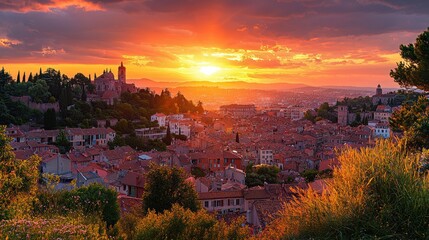 Scenic european cityscape at warm sunset highlighting colorful buildings and the historic architecture of the european town