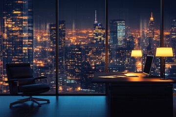 Plakat Modern city office at night, with panoramic view. Desk, computer, and chair in dark tones. Illuminated cityscape outside
