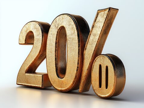 Shiny golden 3d bold percentage symbol with number twenty on a clean white background conveying discount or interest rate