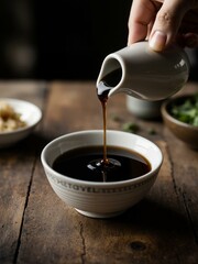 Pouring soy sauce into white bowl.