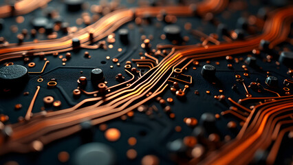 Flowing analog circuit traces with organic branching, warm copper glow, vintage electronics texture.