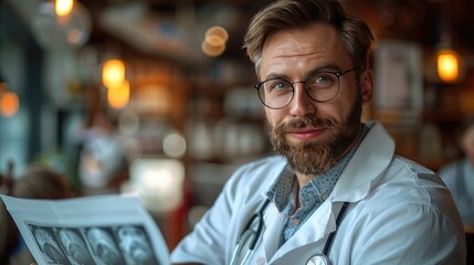 Fototapeta premium Male doctor specialist evaluating x ray imaging test findings to provide the diagnostic report for a sick patient, working in his cabinet. Healthcare provider ensuring remedy on insurance.