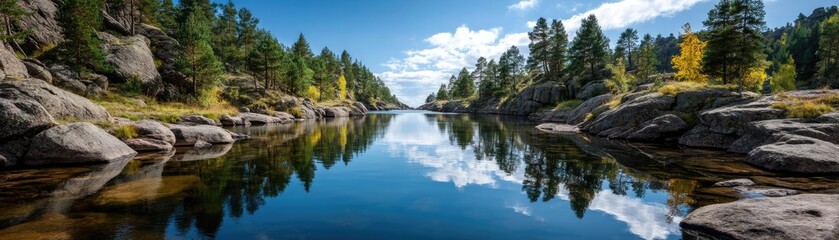 Obraz premium Scenic view of lake in pine forest with reservoir and sky concept. Serene lake reflecting lush trees under a clear blue sky.