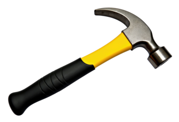 Side view of a claw hammer with yellow fiberglass handle and steel head, fully isolated on a pure white background with margins, clean cut-out and no shadow
