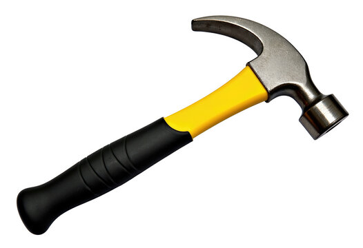 Side view of a claw hammer with yellow fiberglass handle and steel head, fully isolated on a pure white background with margins, clean cut-out and no shadow
