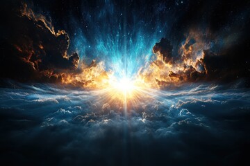 Fototapeta premium Celestial sunrise over clouds abstract sky digital art ethereal atmosphere wide angle cosmic beauty