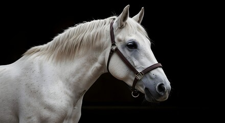 Obraz premium Elegant White Horse Portrait in Profile with Dark Background