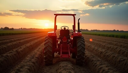 Fototapeta premium Tractor on Farm Field at Sunset