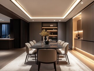 An elegantly decorated dining area with a marble tabletop and lighting