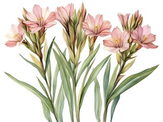 Fototapeta premium Delicate pink flowers with lush green leaves illustrated in a watercolor painting style against a white background.