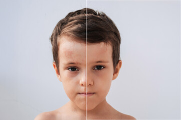 The face of a child infected with the Coxsackie virus. Spots, Blisters and a rash on the boy's face.