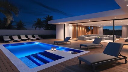 Fototapeta premium Luxury resort hotel swimming pool shimmers blue under the night sky, promising summer relaxation and a tranquil escape