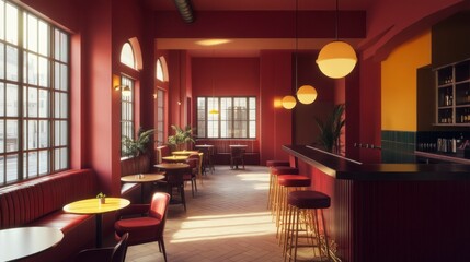 Obraz premium Red Interior Cafe with Bar and Sunlight