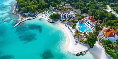 Fototapeta premium Relaxing beach resort getaway caribbean aerial view tropical paradise idyllic setting vacation retreat