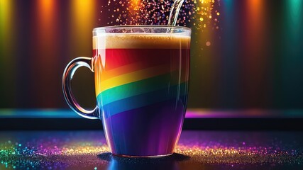 Rainbow beverage fills a mug on a sparkling surface