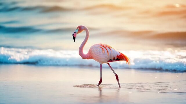 A flamingo is walking on the beach near the water. The scene is serene and peaceful, with the bird standing out against the blue and white background