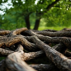 Exploring twisted tree roots in a lush forest nature photography tranquil environment close-up view