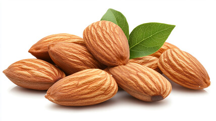 Pile of raw almonds with fresh green leaves. Healthy snack and natural food ingredient.