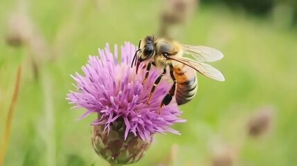 Honeybee pollinating a vibrant purple thistle flower