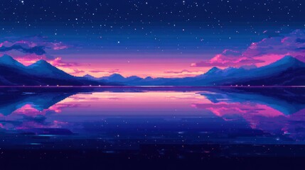 Fototapeta premium Pixelated Mountain Lake Sunset Reflection