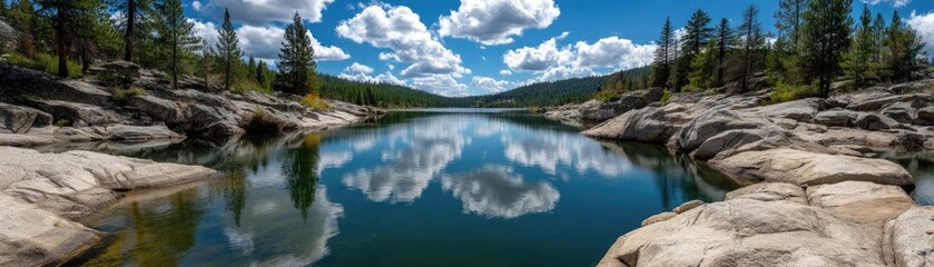Fototapeta premium Scenic view of lake in pine forest with reservoir and sky concept. Scenic lake reflection with blue sky and rocky shoreline.