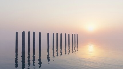 Serene sunrise over calm water with a row of posts reflecting