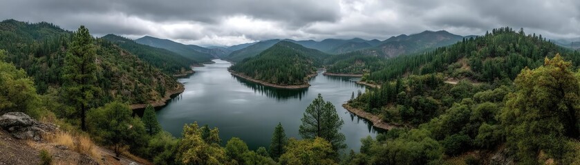 Fototapeta premium Scenic view of lake in pine forest with cloudy summer sky concept. Serene panorama of a river surrounded by lush green mountains.