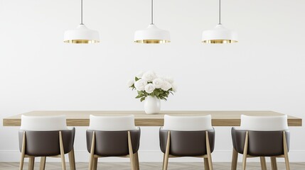 A sleek and stylish dining room with a minimalist theme, showcasing a light oak wood table paired with four dark white leather chairs with ergonomic backrests and slim metal legs.