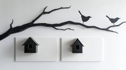 A sleek black Formica-made branch extending symmetrically on both sides of a modern white switchboard, with two artificial Formica birdhouses hanging beneath. 