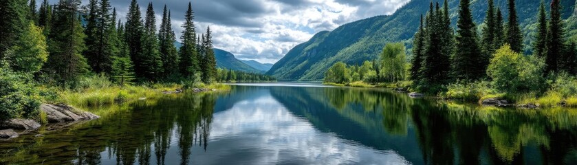 Fototapeta premium Scenic view of lake in pine forest with cloudy summer sky concept. Serene lake reflecting lush mountains under a cloudy sky.