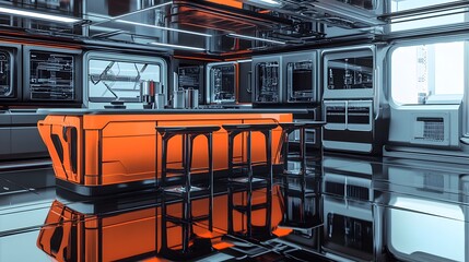 Futuristic interior bar area with orange accents.