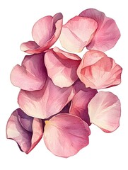 A delicate watercolor painting showcases a cluster of soft pink rose petals falling gracefully on a white background.