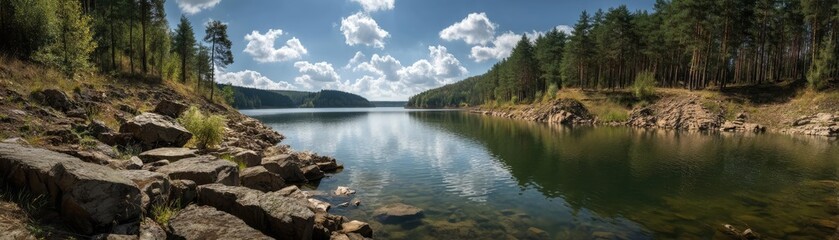 Scenic view of lake in pine forest with reservoir and sky concept. Serene lake surrounded by lush forests under a clear blue sky.