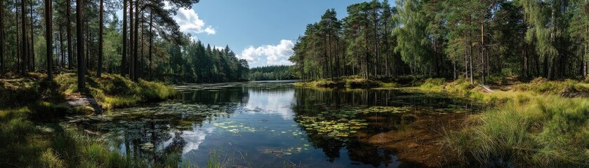 Fototapeta premium Scenic view of lake in pine forest around beautiful landscape concept. Serene lake surrounded by lush greenery and clear blue skies.