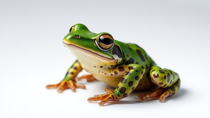 Naklejka premium Vibrant Green Frog with Dark Spots on White Background