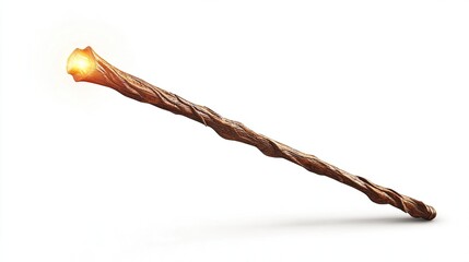 A wooden magic wand glows with an orange-yellow light at its top.  The wand is long and has a twisted, gnarled texture