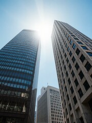 Obraz premium Tall buildings with sun shining through.