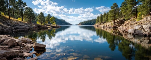 Fototapeta premium Scenic view of lake in pine forest with reservoir and sky concept. Serene lake surrounded by trees and mountains under a clear sky.