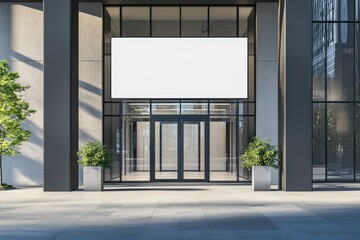 Modern office building entrance with blank billboard (1)