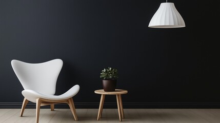 A sophisticated minimalist lounge with a deep black wall creating a moody aesthetic. The room features a simple yet stylish white chair with a smooth curved .