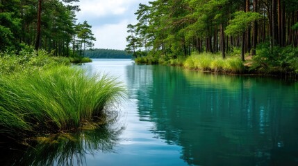 Scenic view of lake in pine forest around beautiful landscape concept. Serene lake reflecting lush greenery under a cloudy sky.