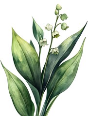 Obraz premium A delicate watercolor painting showcases a lush sprig of lily of the valley flowers and vibrant green leaves against a pure white background.
